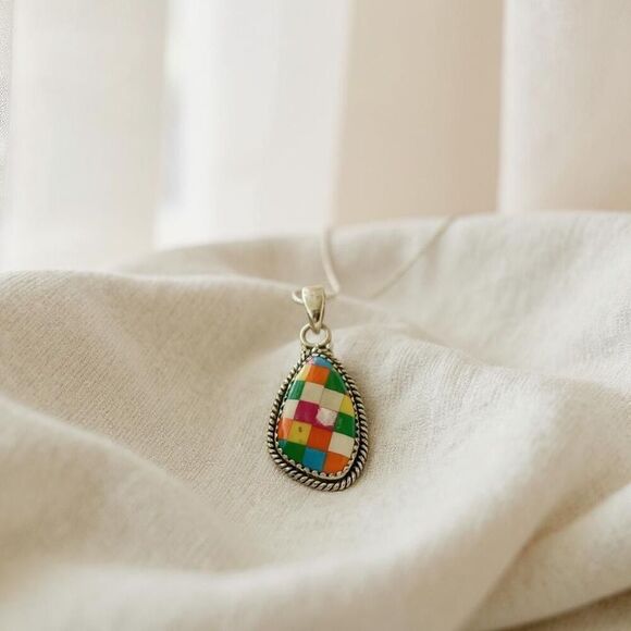 Stunning Aurora Opal Checkerboard Pendant Necklace 925 Sterling Silver Teardrop - Picture 3 of 7